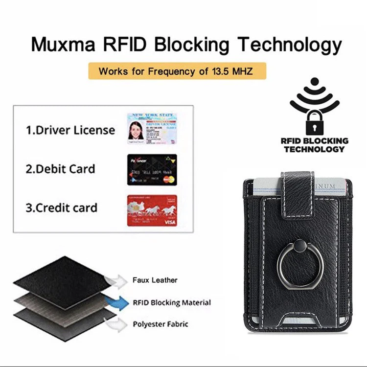 MUXMA MX116 Phone Card Holder RFID Blocking Ring Card Holder Sleeve Stick-On Pull up 8 Card Holder - Black - Image 4