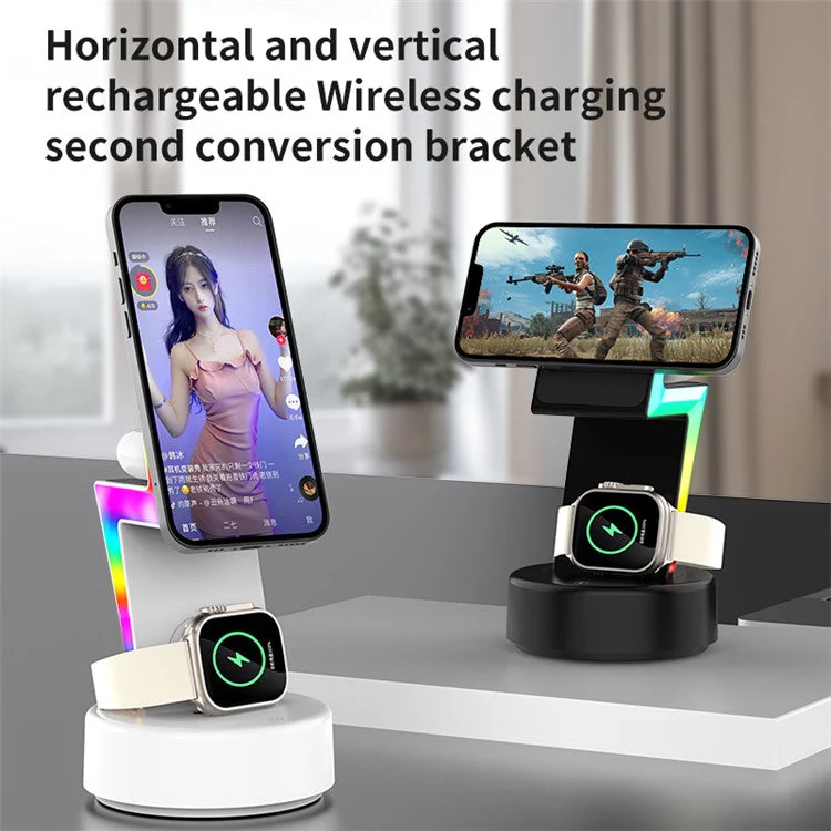 MY002 3-in-1 15W Wireless Charger for Cell Phone, Headset Magnetic Charging Stand with RGB Color Lights - White - Image 7
