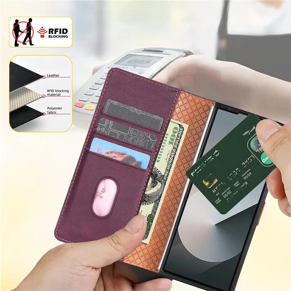 N.BEKUS CSJ-001 For Samsung Galaxy Z Fold7 5G Stand Case PU Leather Wallet Phone Cover - Wine Red - Image 6