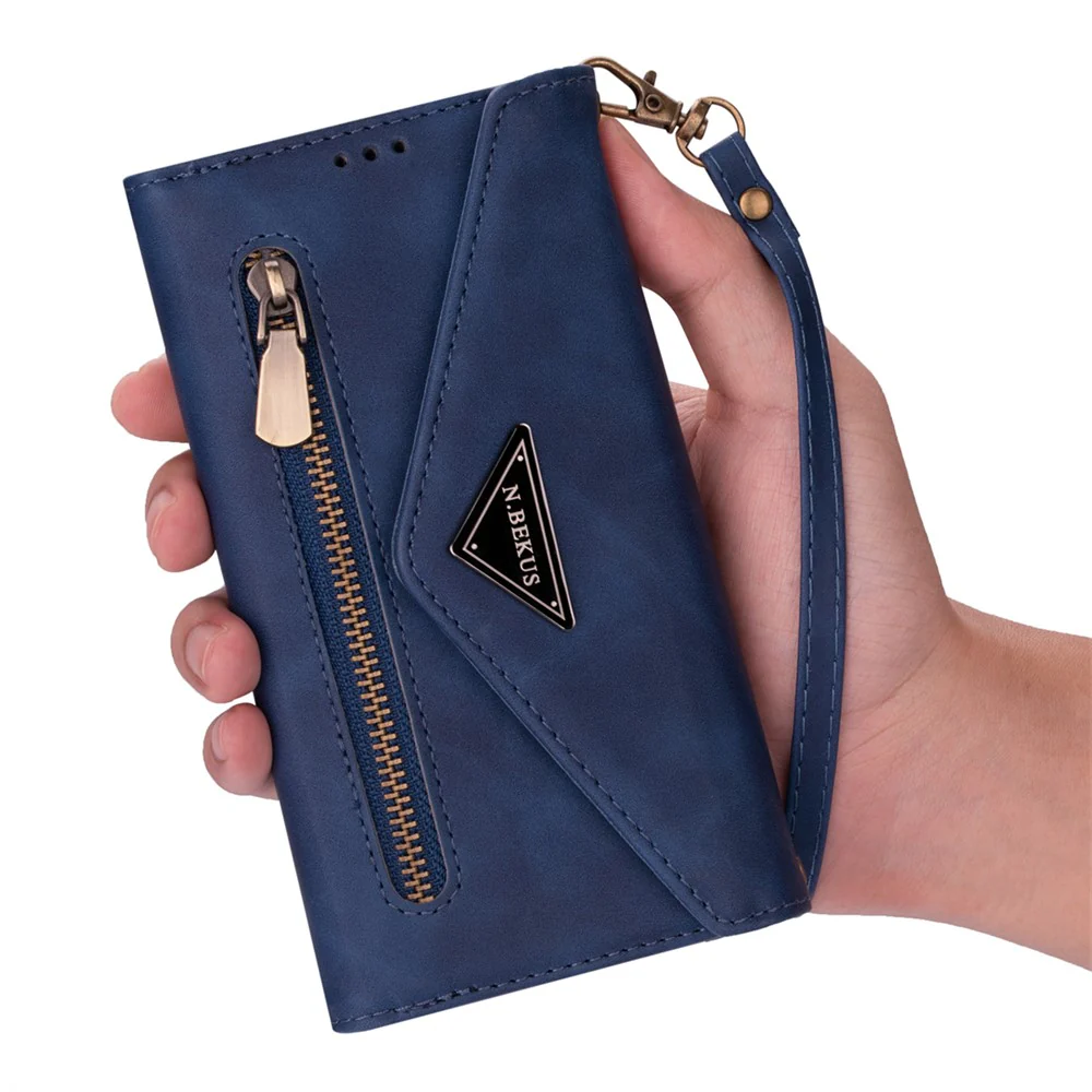 N.BEKUS For iPhone 17 Pro Max Cases Skin-Touch Leather Wallet Phone Cover with Straps - Blue - Image 7