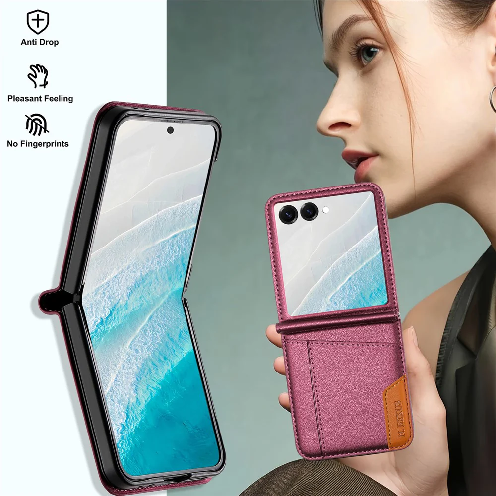 N.BEKUS For Samsung Galaxy Z Flip7 5G Case Card Slot PU + PC Phone Back Cover - Wine Red - Image 8