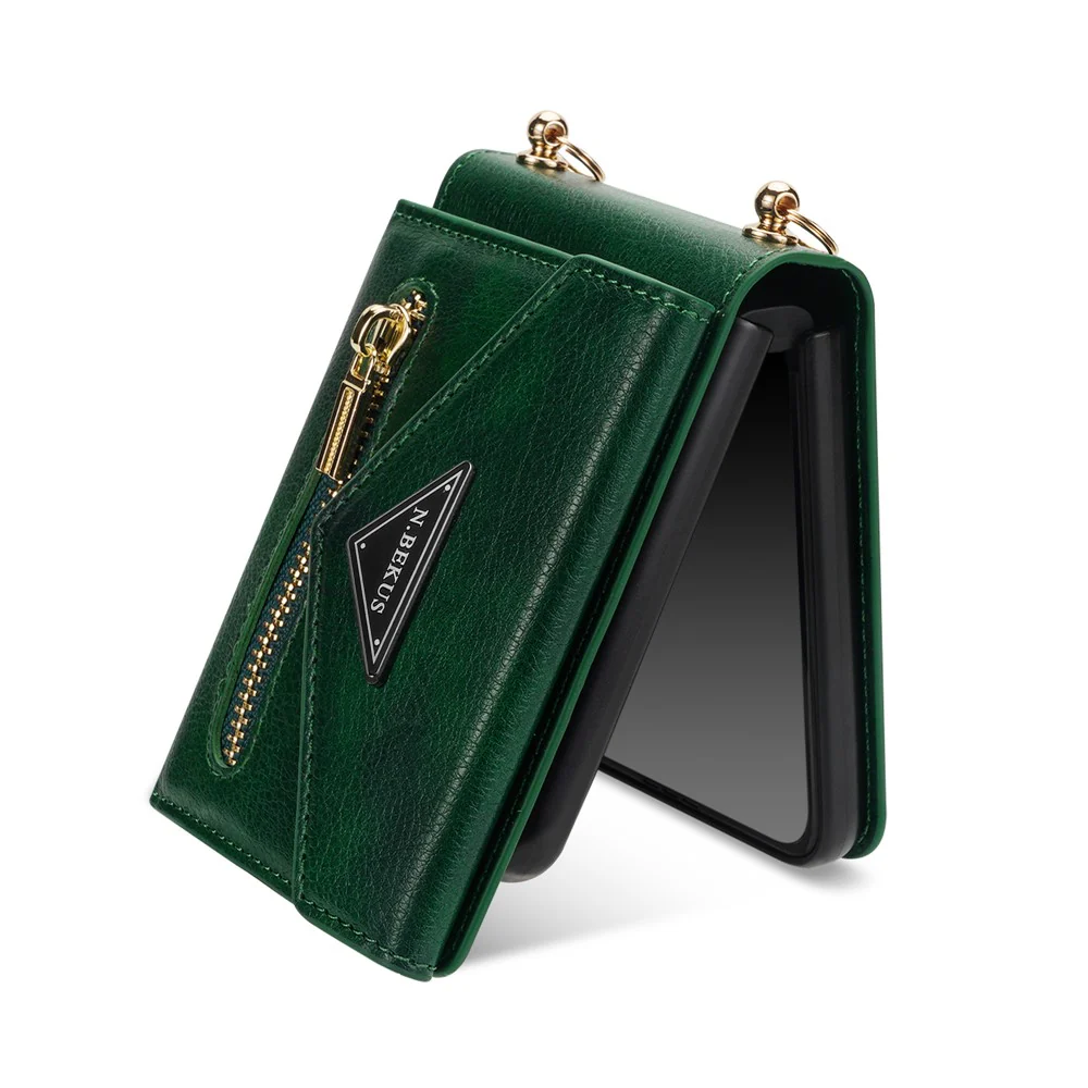 N.BEKUS For Samsung Galaxy Z Flip7 5G Case Zipper Card Holder PU + PC Phone Cover with Shoulder Strap - Green - Image 3