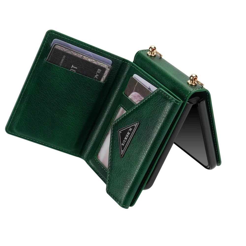 N.BEKUS For Samsung Galaxy Z Flip7 5G Case Zipper Card Holder PU + PC Phone Cover with Shoulder Strap - Green - Image 6