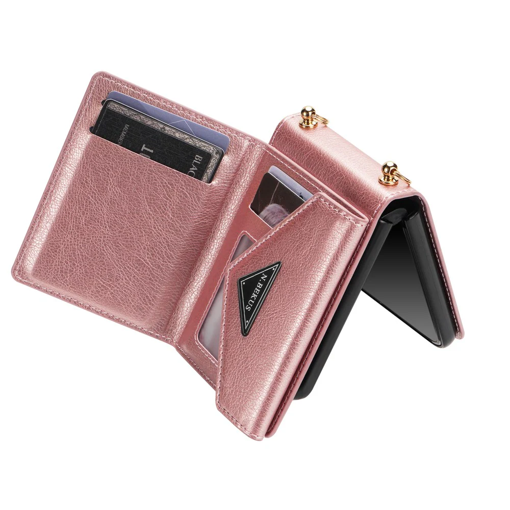 N.BEKUS For Samsung Galaxy Z Flip7 5G Case Zipper Card Holder PU + PC Phone Cover with Shoulder Strap - Pink - Image 6