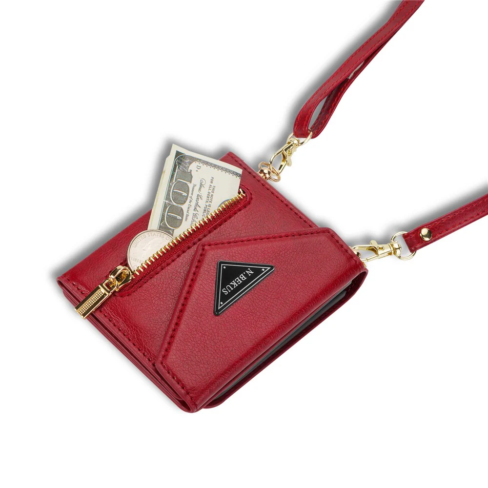 N.BEKUS For Samsung Galaxy Z Flip7 5G Case Zipper Card Holder PU + PC Phone Cover with Shoulder Strap - Red - Image 5