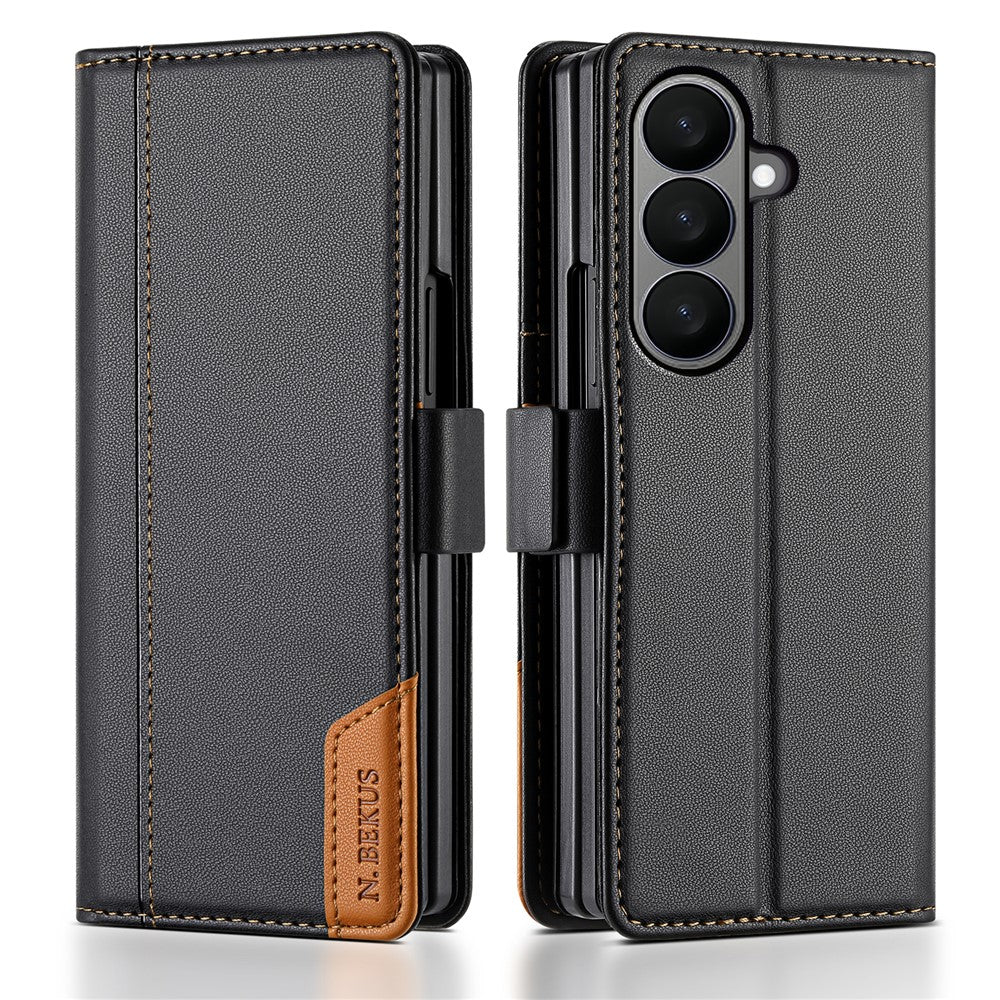 N.BEKUS For Samsung Galaxy Z Fold7 5G Stand Case RFID Blocking PU Leather Wallet Phone Cover - Black