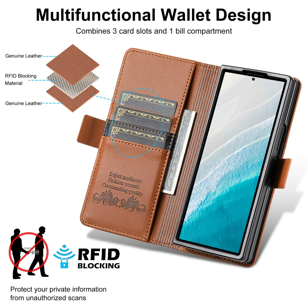 N.BEKUS For Samsung Galaxy Z Fold7 5G Stand Case RFID Blocking PU Leather Wallet Phone Cover - Brown - Image 5