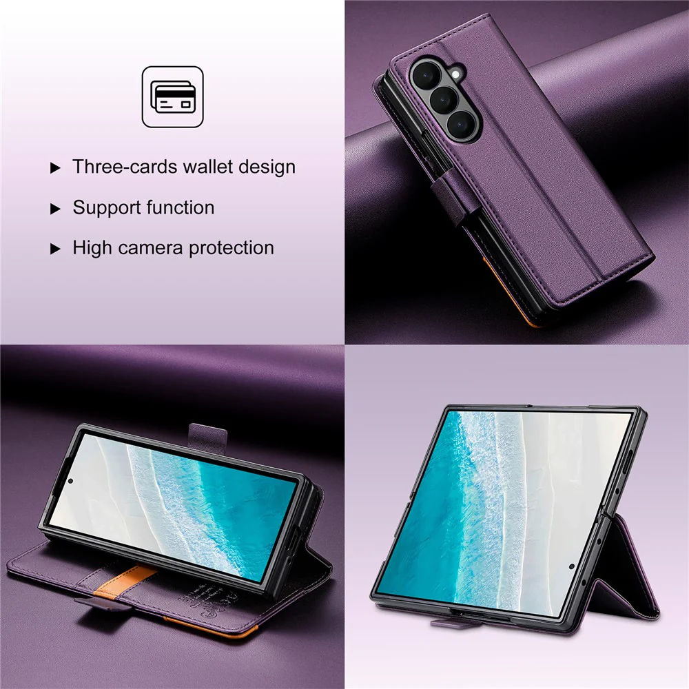 N.BEKUS For Samsung Galaxy Z Fold7 5G Stand Case RFID Blocking PU Leather Wallet Phone Cover - Purple - Image 6
