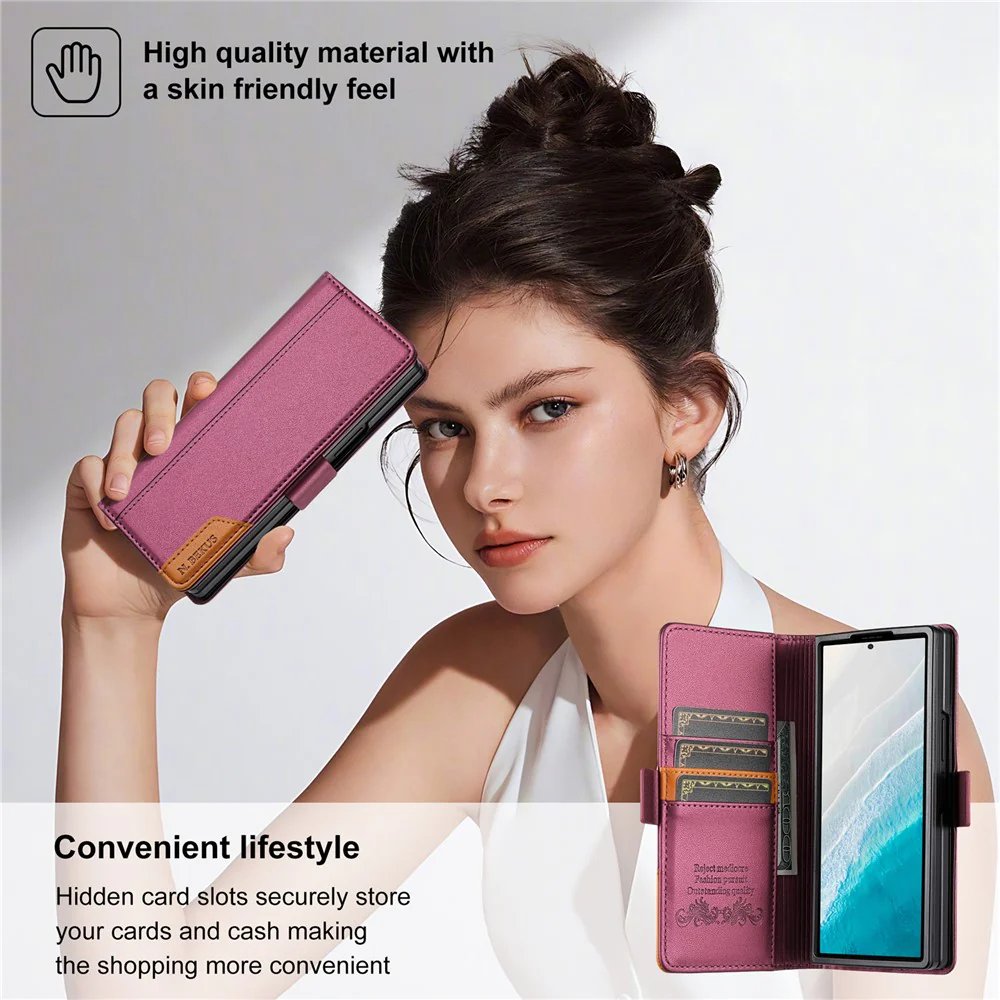 N.BEKUS For Samsung Galaxy Z Fold7 5G Stand Case RFID Blocking PU Leather Wallet Phone Cover - Wine Red - Image 8