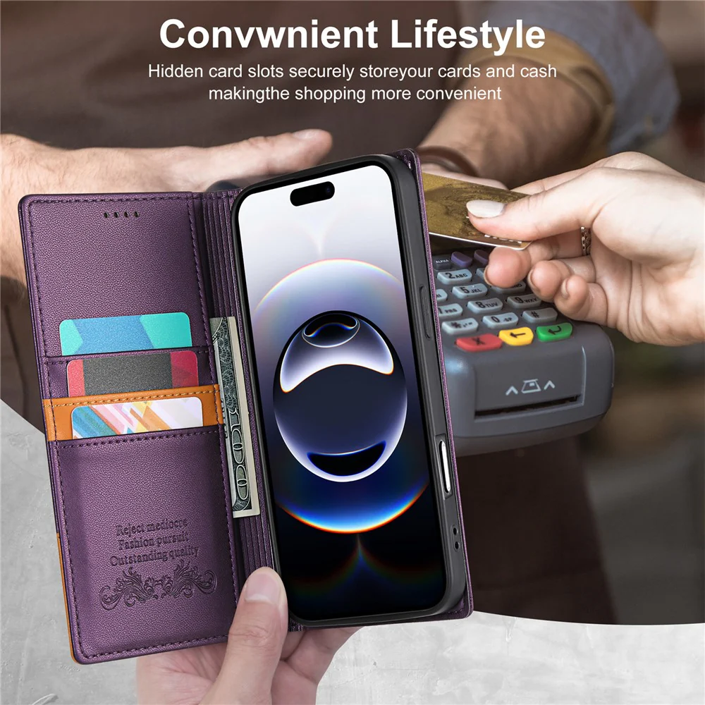 N.BEKUS P3 For iPhone 17 Pro Max Case RFID Blocking Wallet Stand PU Leather Flip Phone Cover - Purple - Image 6