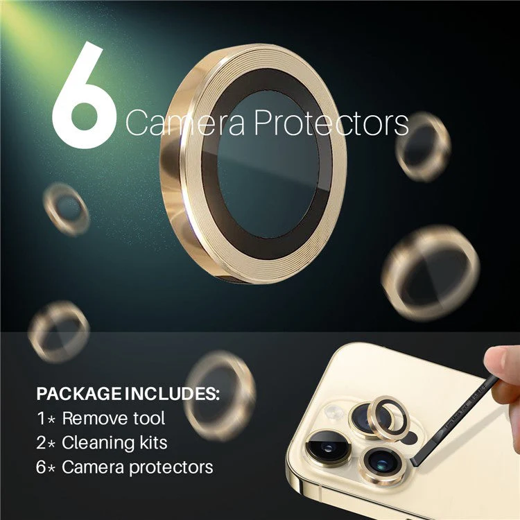 NORTHJO 2 Sets for iPhone 14 Pro / 14 Pro Max / 15 Pro / 15 Pro Max Tempered Glass Lens Protector CD Veins Metal Ring Lens Guard - Gold - Image 3