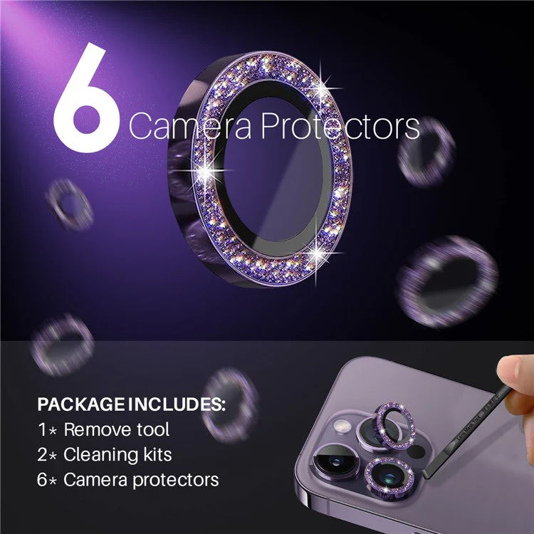 NORTHJO 2 Sets for iPhone 15 Pro / 15 Pro Max / 14 Pro / 14 Pro Max Lens Protector Glitter Ring Tempered Glass Lens Guard - Purple - Image 3