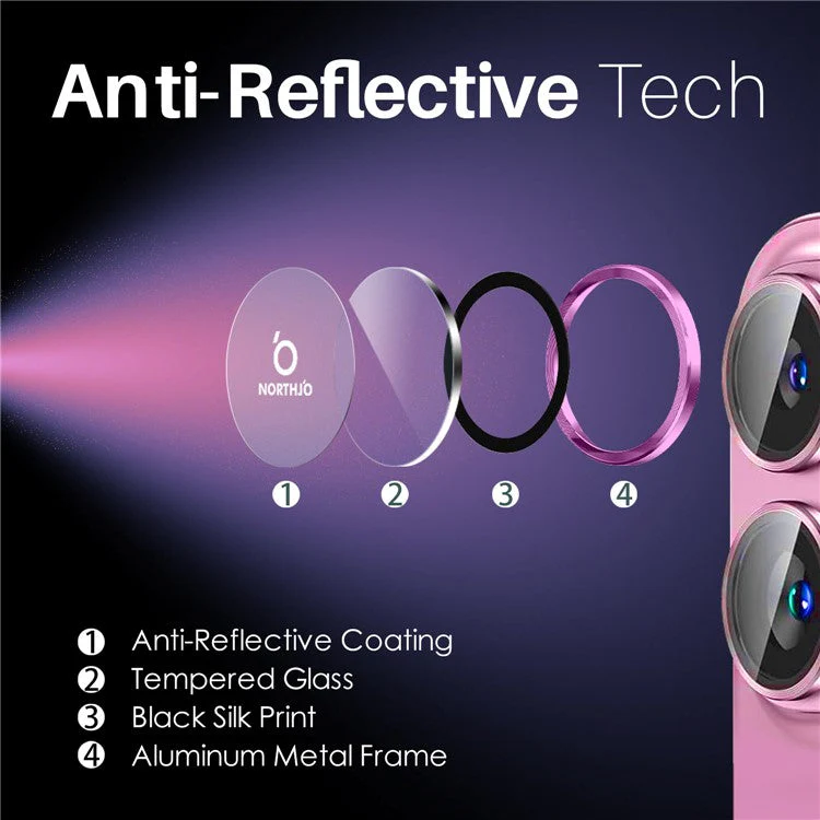 NORTHJO 2 Sets for iPhone 16 / 16 Plus Camera Lens Protector CD Veins Metal Ring Tempered Glass Lens Guard - Rose - Image 4
