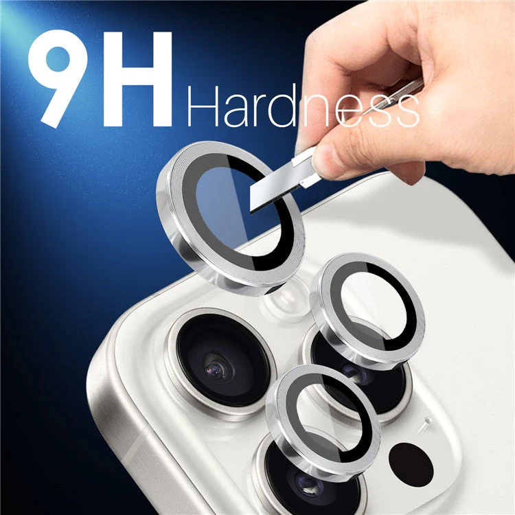 NORTHJO 2 Sets for iPhone 16 Pro / 16 Pro Max Tempered Glass Camera Lens Film CD Veins Metal Ring Lens Guard - Silver - Image 4