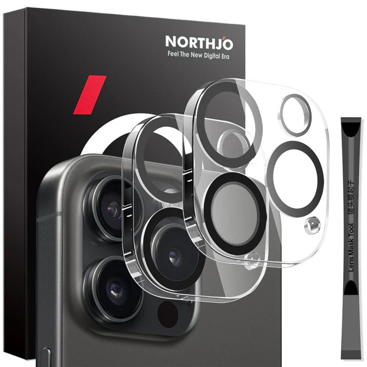 NORTHJO 2Pcs For iPhone 15 Pro / 15 Pro Max Clear Camera Lens Protector Black Circles 3D Tempered Glass Lens Film