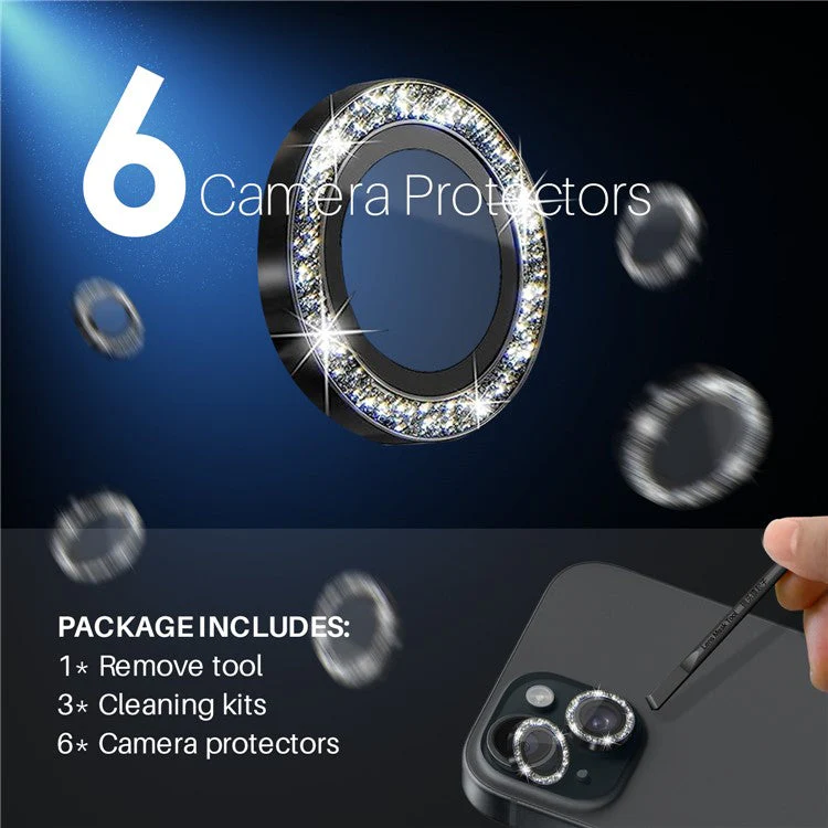 NORTHJO 3 Sets for iPhone 15 / 15 Plus / 14 / 14 Plus Lens Protector Glitter Metal Ring Tempered Glass Lens Film - Black - Image 3
