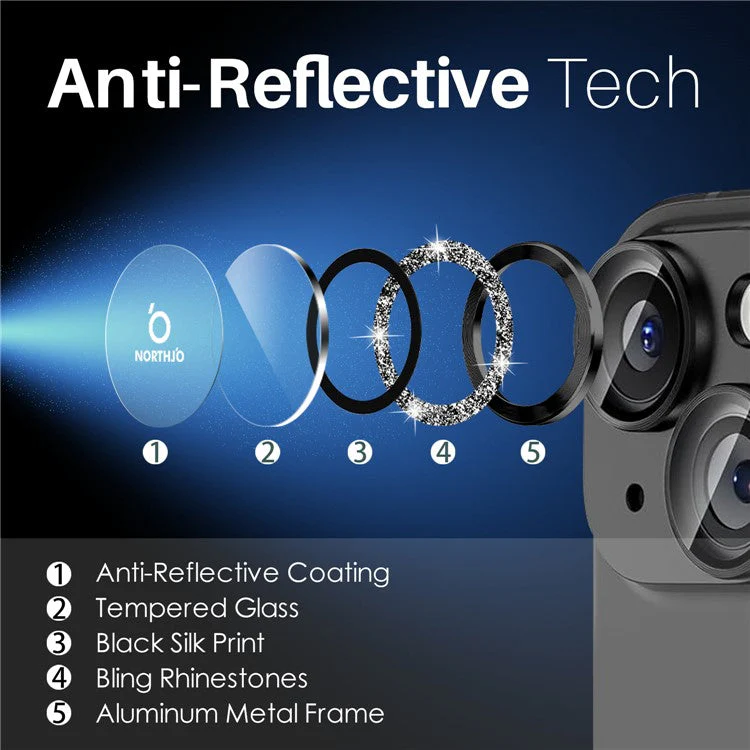 NORTHJO 3 Sets for iPhone 15 / 15 Plus / 14 / 14 Plus Lens Protector Glitter Metal Ring Tempered Glass Lens Film - Black - Image 4