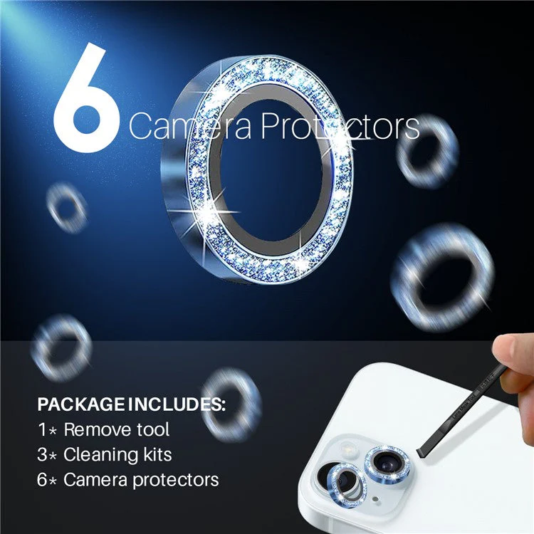 NORTHJO 3 Sets for iPhone 15 / 15 Plus / 14 / 14 Plus Lens Protector Glitter Metal Ring Tempered Glass Lens Film - Blue - Image 3