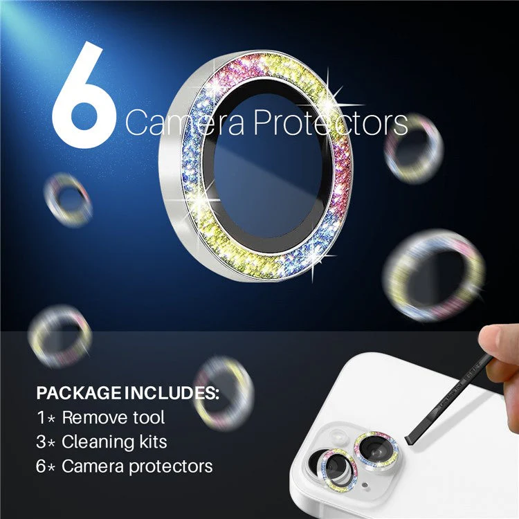 NORTHJO 3 Sets for iPhone 15 / 15 Plus / 14 / 14 Plus Lens Protector Glitter Metal Ring Tempered Glass Lens Film - Colorful - Image 3