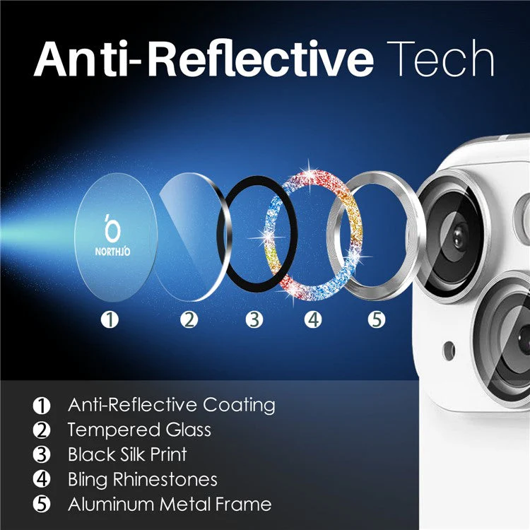 NORTHJO 3 Sets for iPhone 15 / 15 Plus / 14 / 14 Plus Lens Protector Glitter Metal Ring Tempered Glass Lens Film - Colorful - Image 4