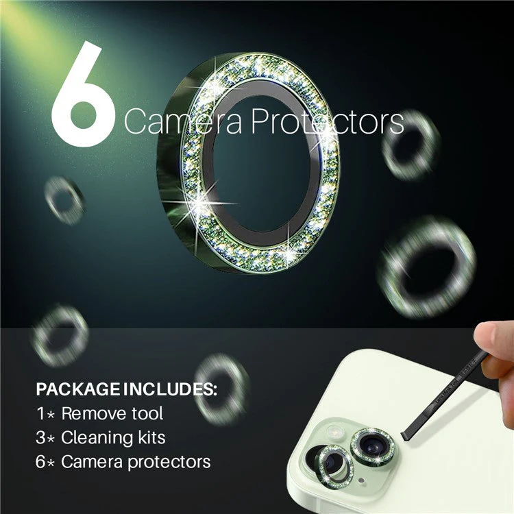 NORTHJO 3 Sets for iPhone 15 / 15 Plus / 14 / 14 Plus Lens Protector Glitter Metal Ring Tempered Glass Lens Film - Green - Image 3