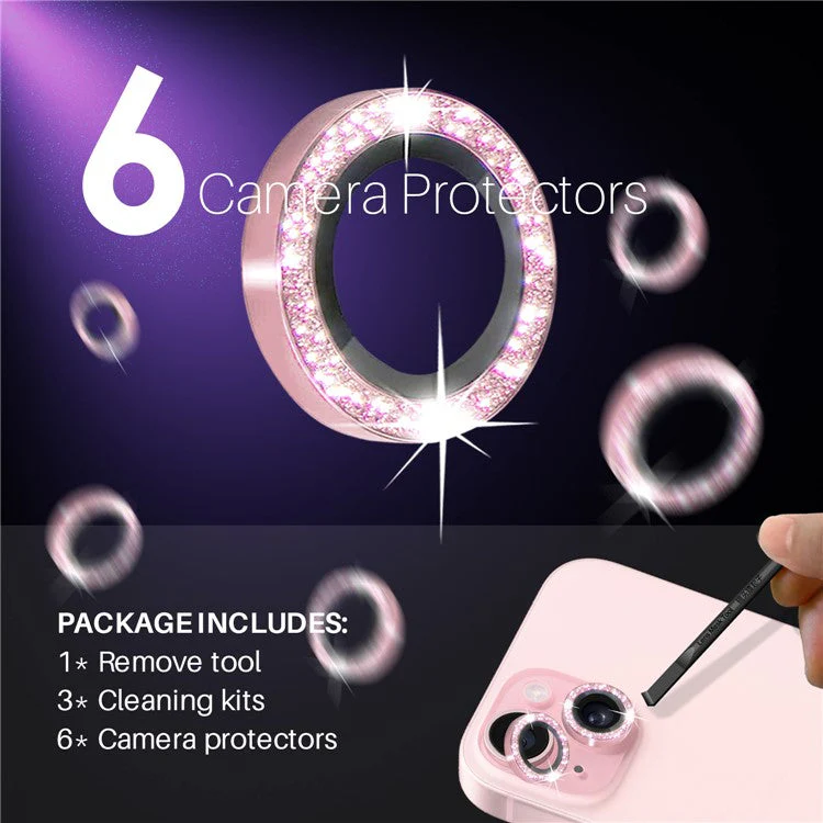 NORTHJO 3 Sets for iPhone 15 / 15 Plus / 14 / 14 Plus Lens Protector Glitter Metal Ring Tempered Glass Lens Film - Pink - Image 3