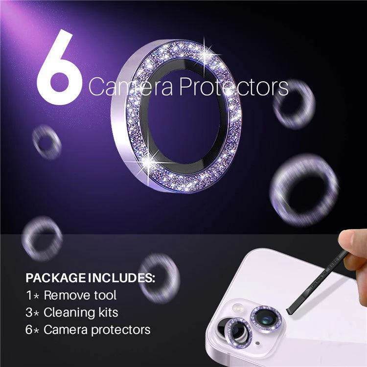 NORTHJO 3 Sets for iPhone 15 / 15 Plus / 14 / 14 Plus Lens Protector Glitter Metal Ring Tempered Glass Lens Film - Purple - Image 3
