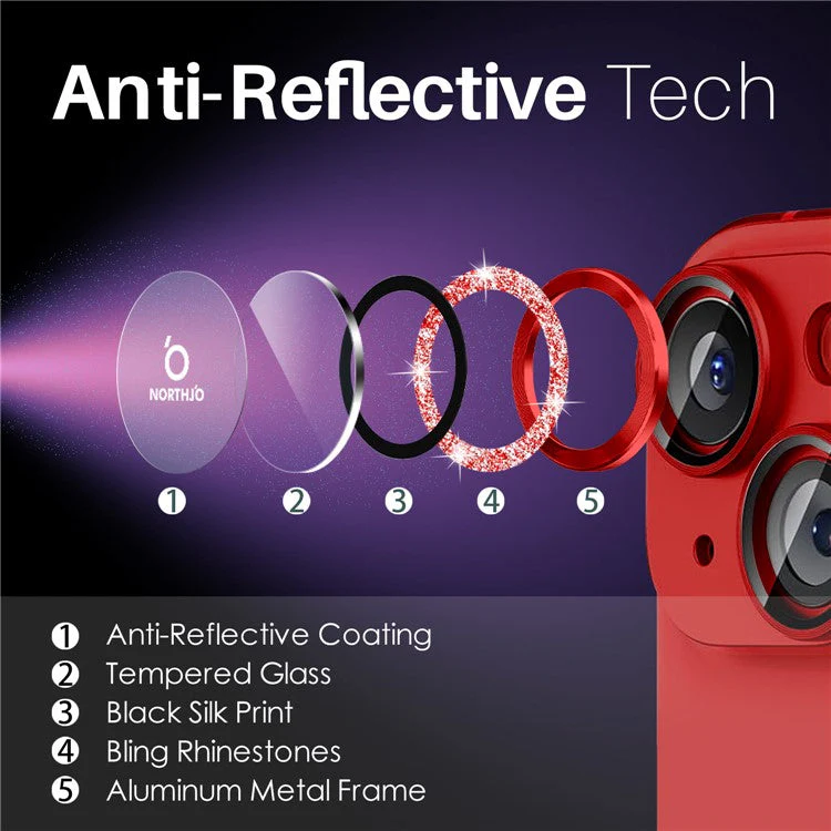 NORTHJO 3 Sets for iPhone 15 / 15 Plus / 14 / 14 Plus Lens Protector Glitter Metal Ring Tempered Glass Lens Film - Red - Image 4