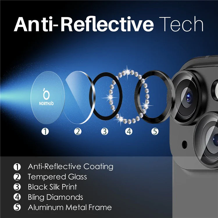 NORTHJO 3 Sets for iPhone 15 / 15 Plus / 14 / 14 Plus Lens Protector Rhinestone Decor Metal+Tempered Glass Lens Film - Graphite - Image 4