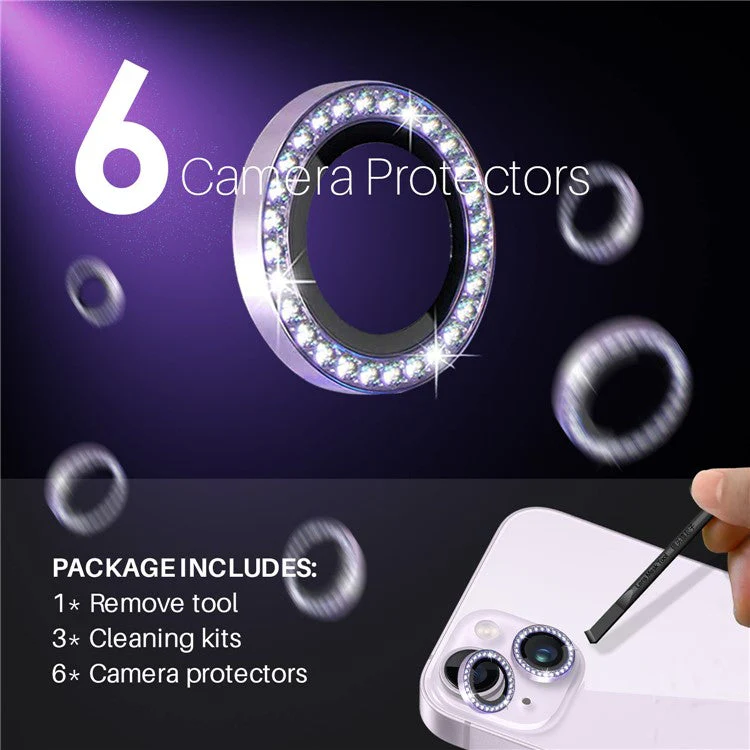 NORTHJO 3 Sets for iPhone 15 / 15 Plus / 14 / 14 Plus Lens Protector Rhinestone Decor Metal+Tempered Glass Lens Film - Purple - Image 3