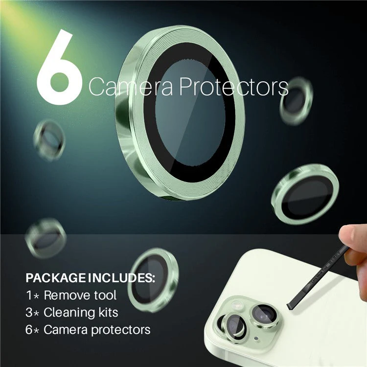 NORTHJO 3 Sets for iPhone 15 / 15 Plus / 14 / 14 Plus Tempered Glass Lens Protector CD Veins Metal Ring Lens Film - Green - Image 3