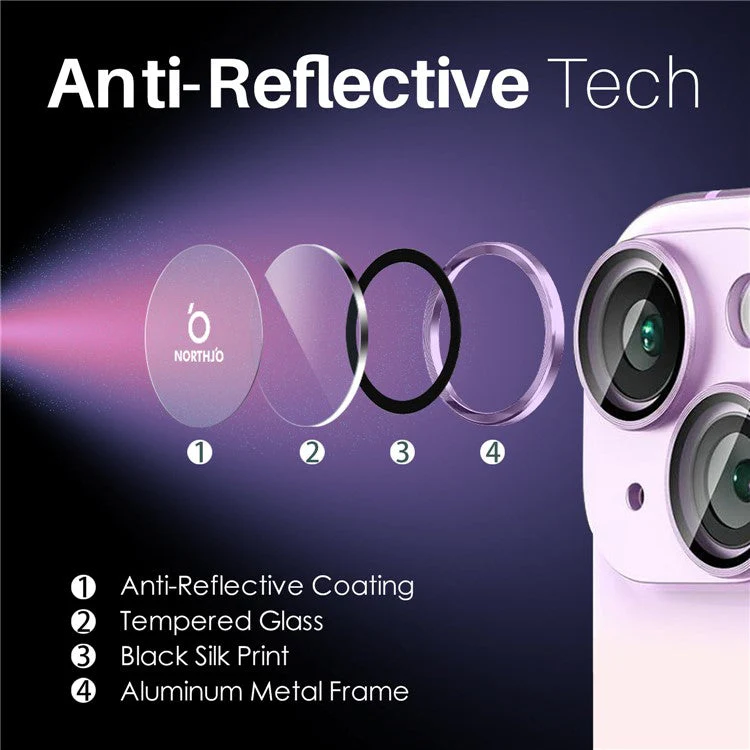 NORTHJO 3 Sets for iPhone 15 / 15 Plus / 14 / 14 Plus Tempered Glass Lens Protector CD Veins Metal Ring Lens Film - Purple - Image 4