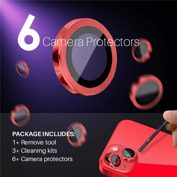 NORTHJO 3 Sets for iPhone 15 / 15 Plus / 14 / 14 Plus Tempered Glass Lens Protector CD Veins Metal Ring Lens Film - Red - Image 3