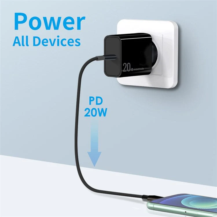 NORTHJO NOPD200601EU PD 20W USB C Single Port Fast Charger Wall Adapter - EU Plug/Black - Image 2