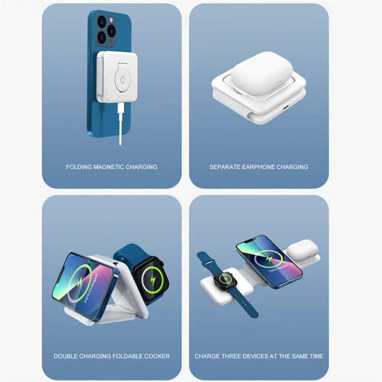 P14 3-in-1 Folding 15W Magnetic Wireless Charger Portable Charging Pad with Indicator Light for iPhone 12 / 13 / 14 Series - White - Image 3