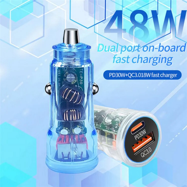 P35 Clear Design 48W Car Charger for Cell Phone, Tablet, Camera, Type-C PD 30W + USB QC 3.0 18W Fast Charging Charger Station - Blue - Image 3