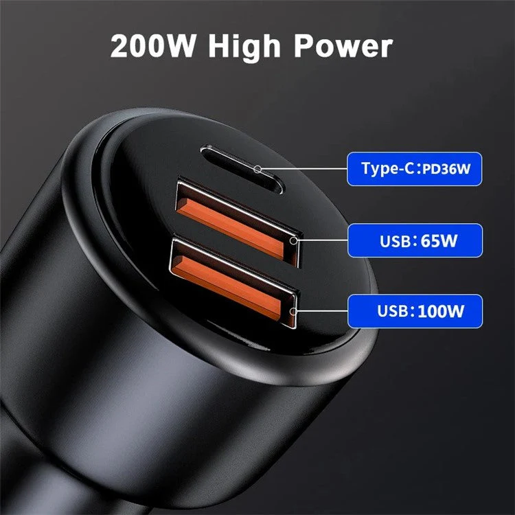 P6S Type-C+Dual USB Car Charger 200W Fast Charging Cigarette Lighter Adapter - Image 3