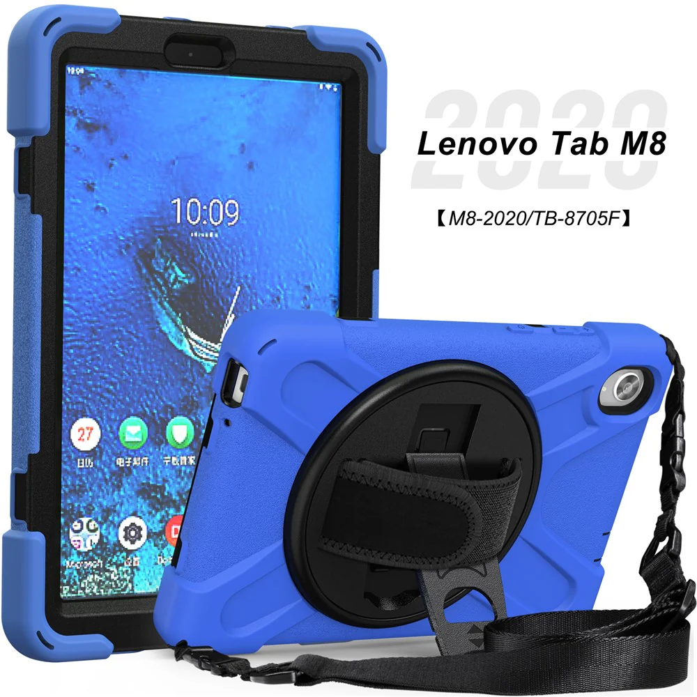 PC and Silicone Tablet Case + Shoulder Strap + Hand Band + 360° Swivel Kickstand for Lenovo Tab M8 2020 - Blue - Image 3