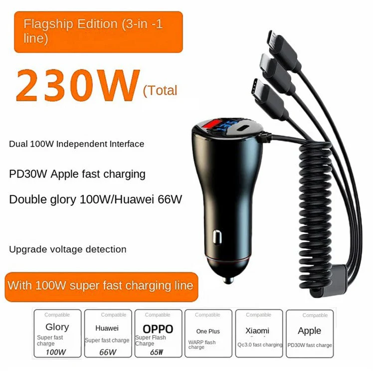 PD 30W Fast Car Charger with 100W Super Fast Charging Cable Multi-Function Cigarette Lighter 230W Car Charger Adapter - Image 2