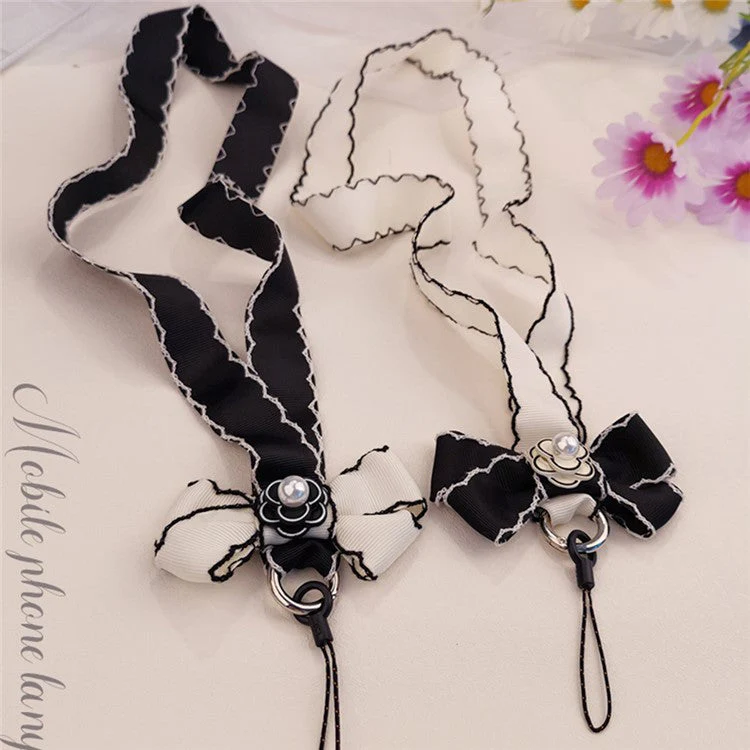Pearl Decor Lanyard Phone Carrying Strap Wrist Key Chain Holder Universal for Mobile Phone Case, Work ID Card Case - White - Image 3