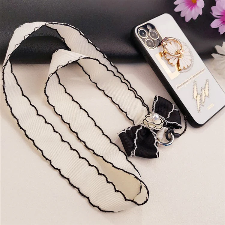 Pearl Decor Lanyard Phone Carrying Strap Wrist Key Chain Holder Universal for Mobile Phone Case, Work ID Card Case - White - Image 4