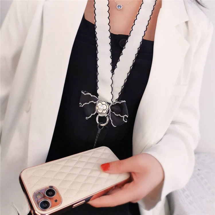 Pearl Decor Lanyard Phone Carrying Strap Wrist Key Chain Holder Universal for Mobile Phone Case, Work ID Card Case - White - Image 5