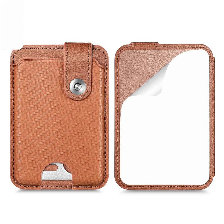 Phone Card Holder Carbon Fiber Texture Kickstand Adhesive PU Leather Card Bag - Brown - Image 3