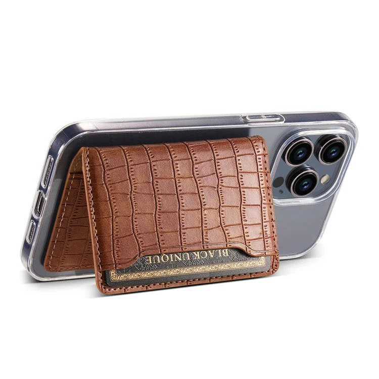 Phone Card Holder Case Kickstand Crocodile Texture PU Leather Phone Back Stand - Brown - Image 3