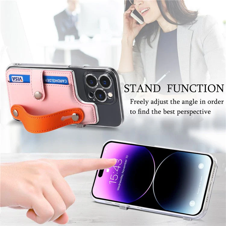 Phone Card Holder Wristband Kickstand PU Leather Phone Card Bag - Pink - Image 8