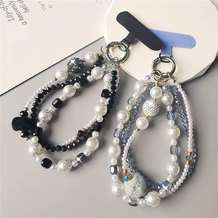 Phone Charms Wrist Strap 3-in-1 Beaded Phone Lanyard Jewelry with Tether Tab, Folded Length: 14cm - Black - Image 2