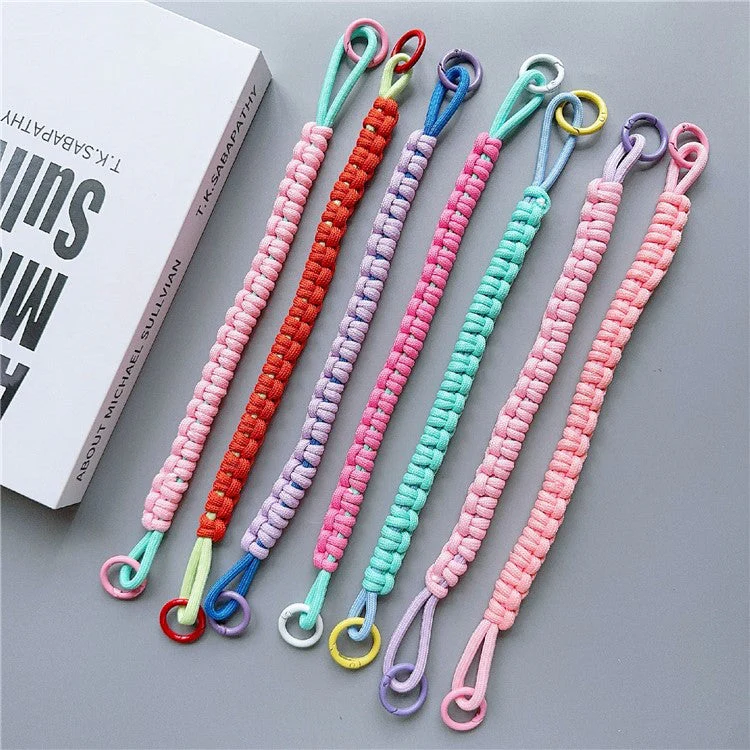 Phone Hand Wrist Strap Dual Ring 30cm Nylon Short Lanyard with Tether Tab - Pink+Green - Image 3