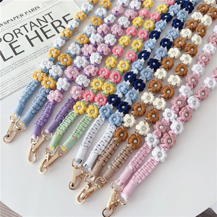 Phone Lanyard Cotton Rope Braided Daisy Flower Crossbody Strap, Length: 120cm - White+Brown - Image 6