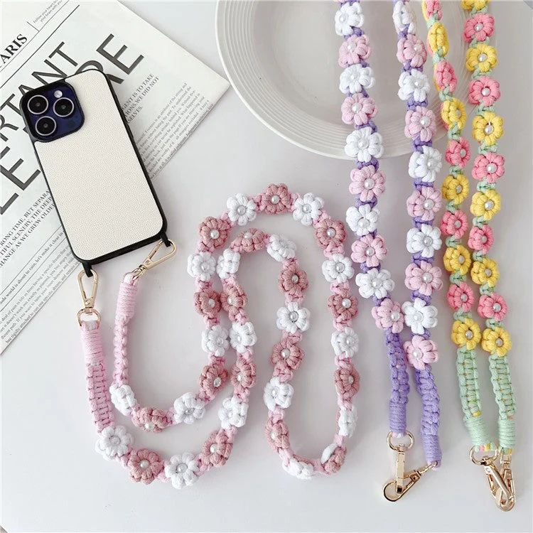 Phone Lanyard Cotton Rope Braided Daisy Flower Crossbody Strap, Length: 120cm - Yellow+White - Image 5