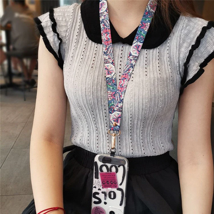 Phone Lanyard Ethnic Style Nylon Phone Neck Phone Charm with Tether Tab + Hanging Rope, Folded Length: 40cm - Khaki Grid - Image 4